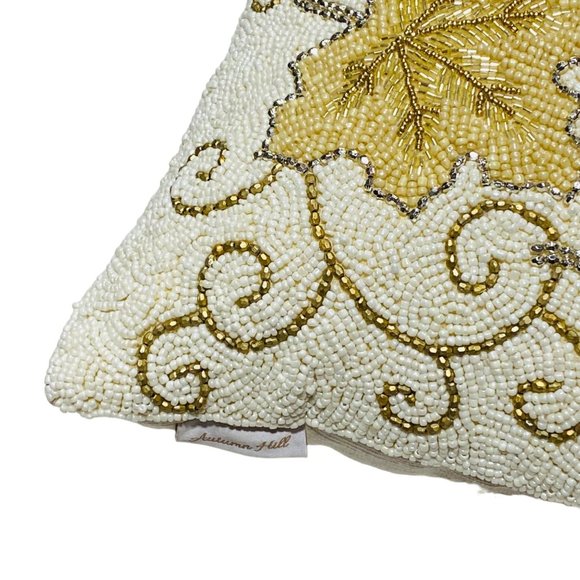 Autumn Hill Thanksgiving Fall Maple Leaves Gold Swirl Beaded 14in Toss Pillow - Picture 2 of 3